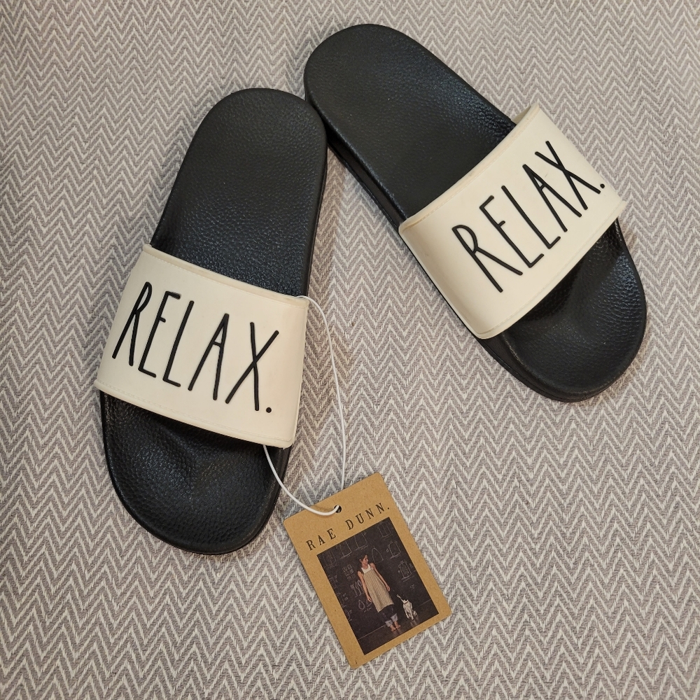 Rae Dunn RELAX.  Slide Sandals Size 09  Cream/Black.